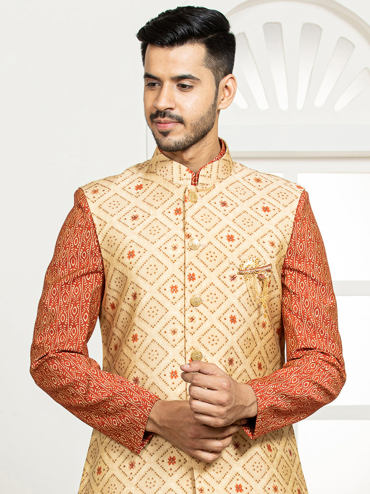 Khaki Printed Nehru Jacket Set