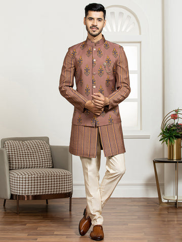 Rust Printed Nehru Jacket Set