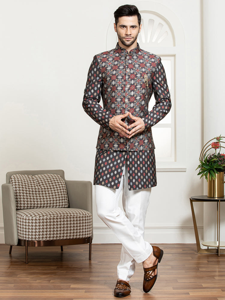 Grey Printed Nehru Jacket Set