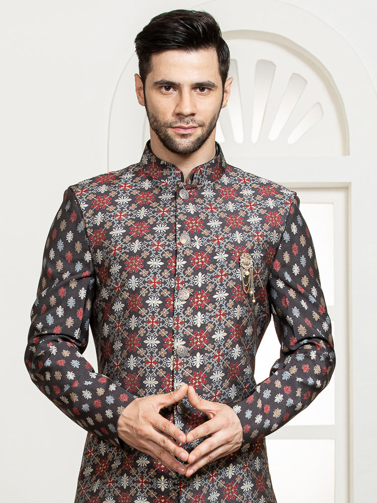 Grey Printed Nehru Jacket Set