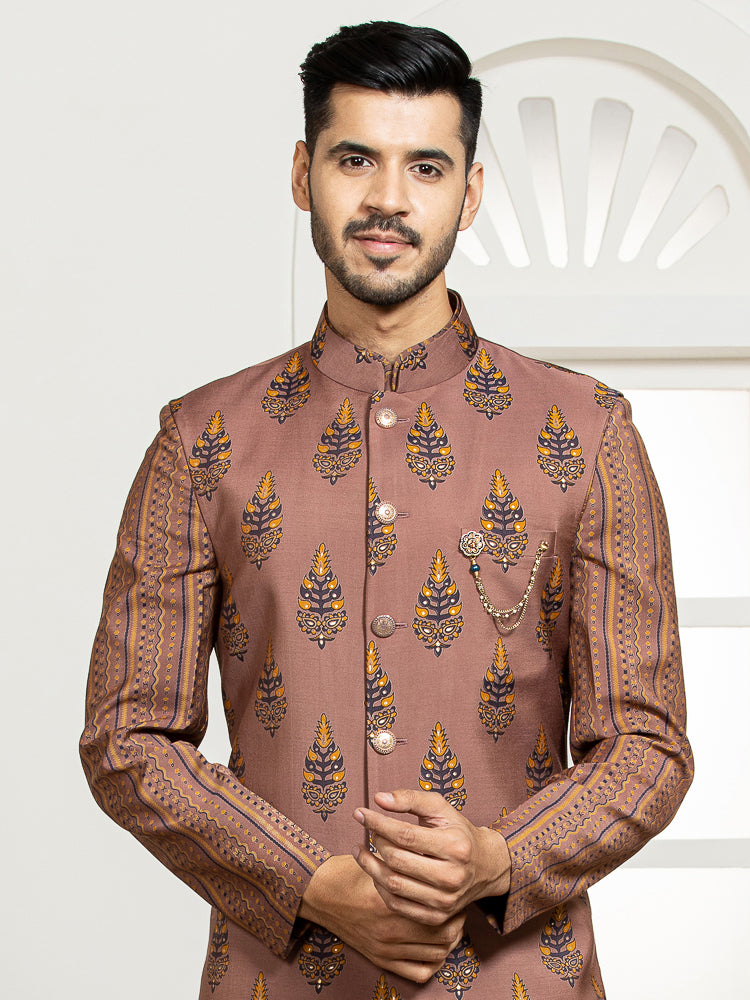 Rust Printed Nehru Jacket Set