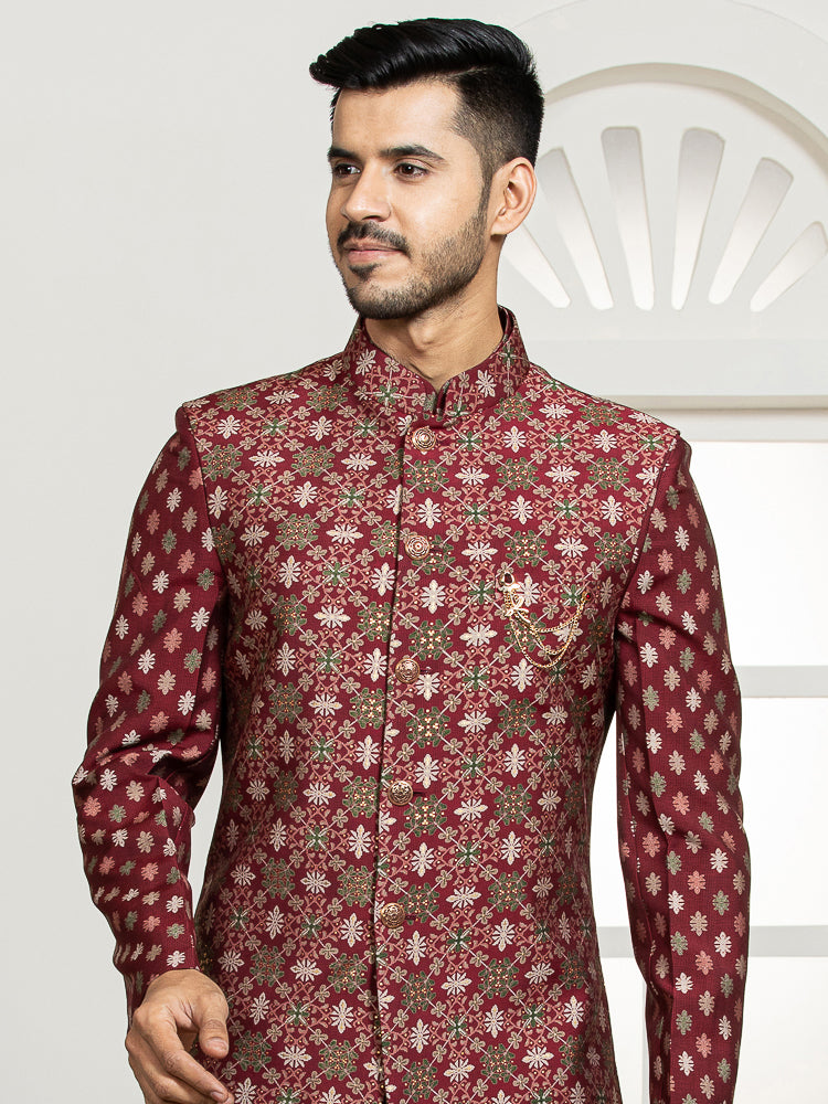 Maroon Printed Nehru Jacket Set