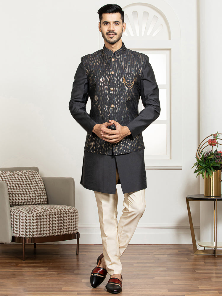 Black Embroidered Nehru Jacket Set