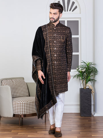 Black Velvet Embroidered Sherwani Set with Dupatta