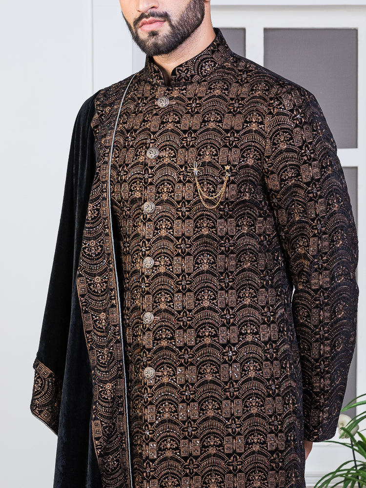 Black Velvet Embroidered Sherwani Set with Dupatta