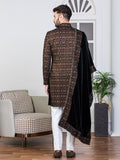 Black Velvet Embroidered Sherwani Set with Dupatta