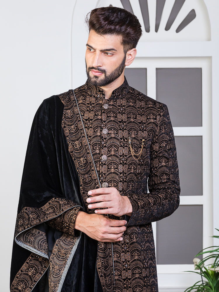 Black Velvet Embroidered Sherwani Set with Dupatta