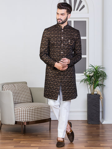 Black Velvet Embroidered Sherwani Set with Dupatta