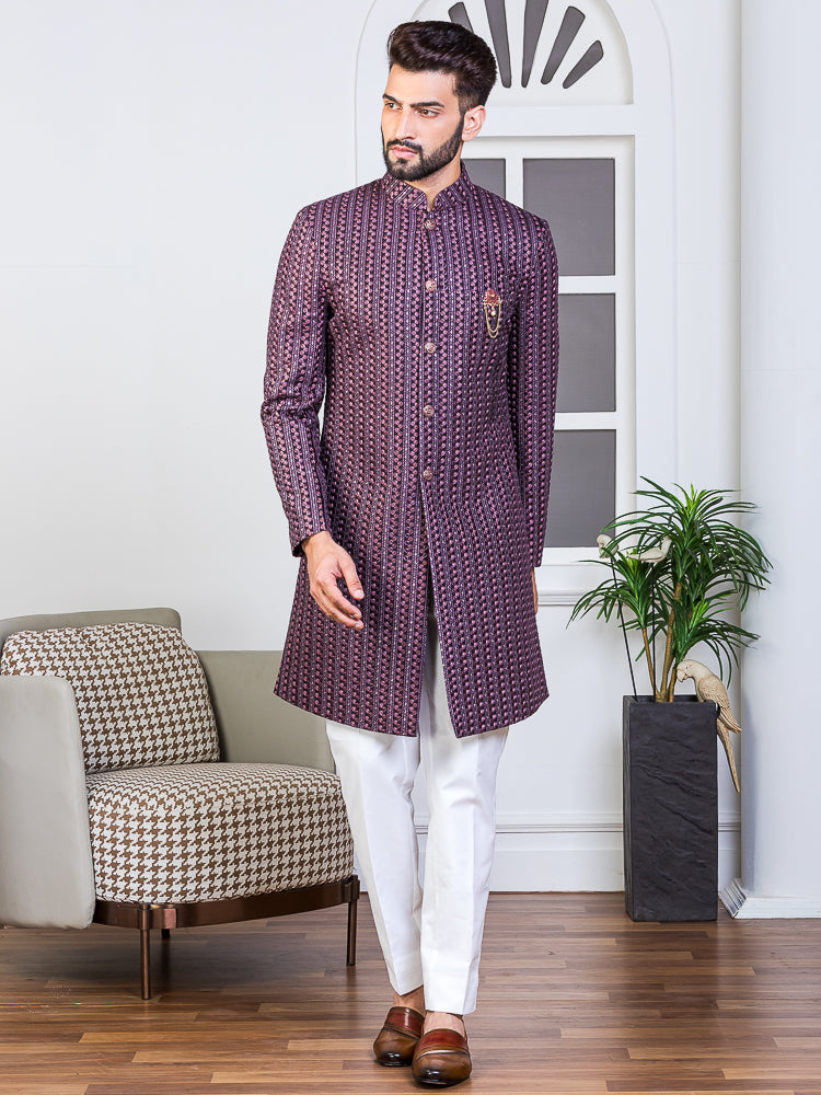 Mauve Embroidered Sherwani Set