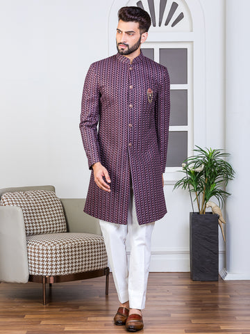 Mauve Embroidered Sherwani Set