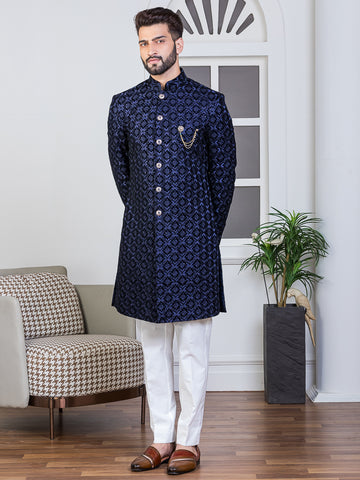 Navy Velvet Embroidered Sherwani Set with Dupatta