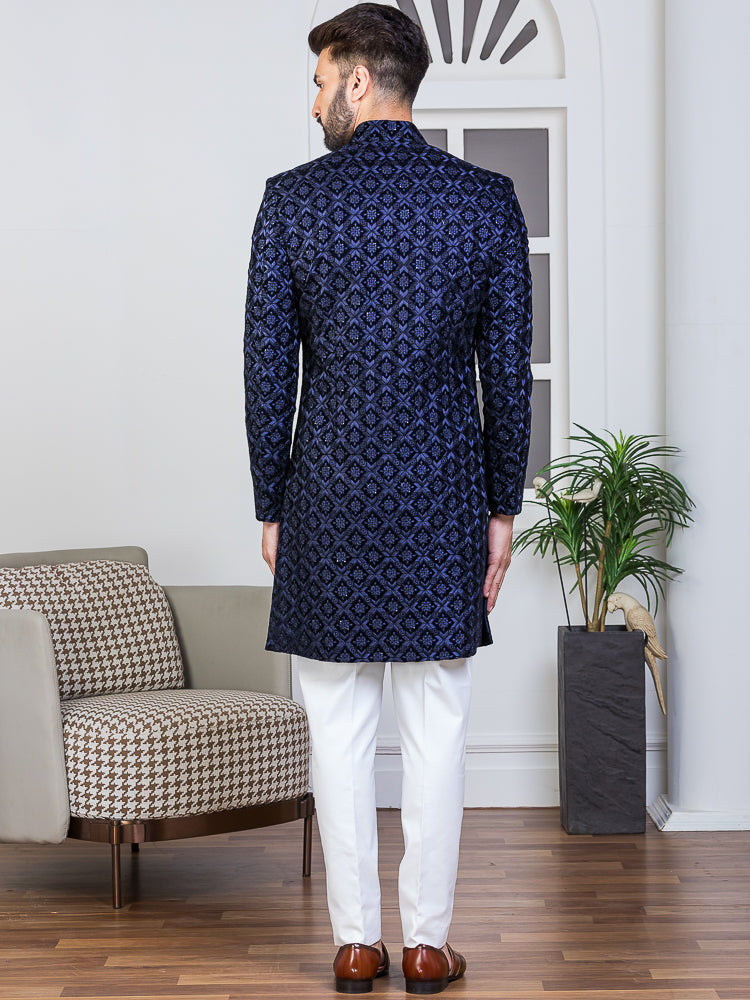 Navy Velvet Embroidered Sherwani Set with Dupatta