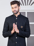 Black Velvet Embroidered Sherwani Set with Dupatta