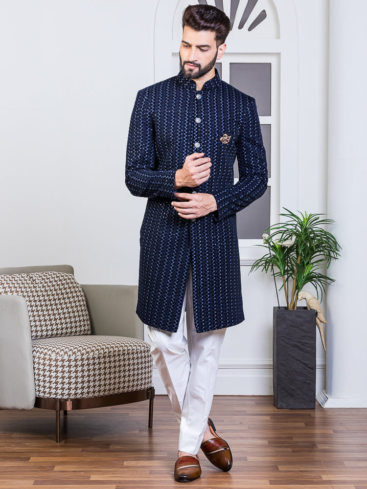 Blue Velvet Embroidered Sherwani Set