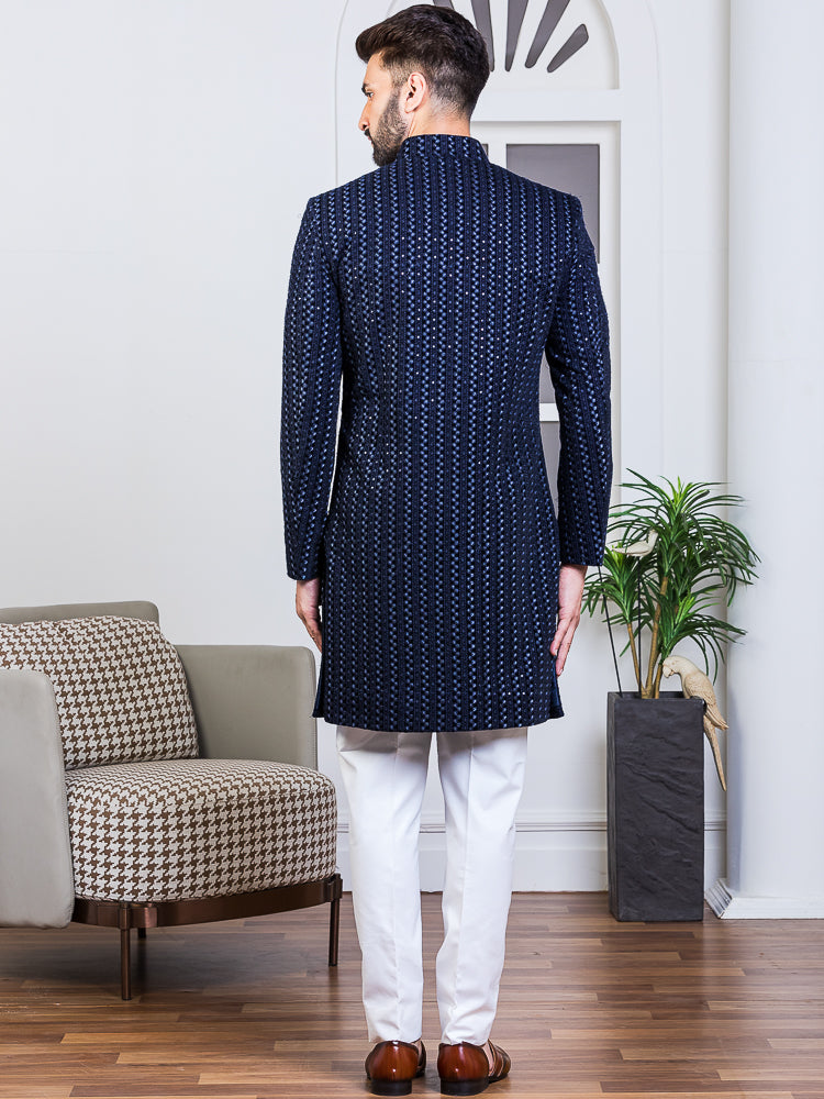 Blue Velvet Embroidered Sherwani Set