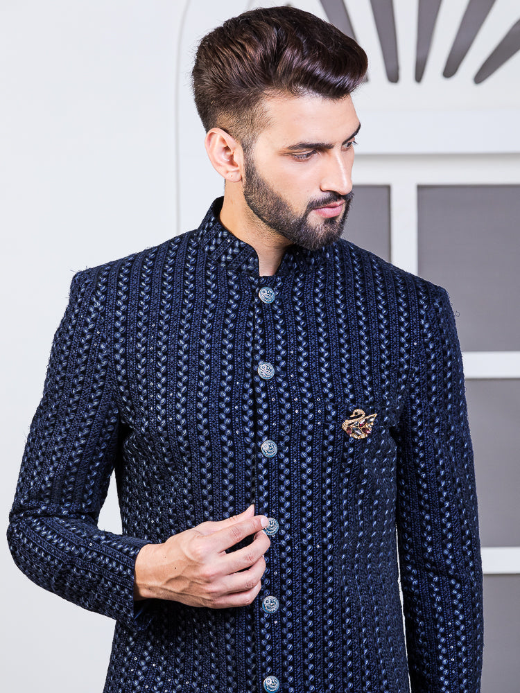 Blue Velvet Embroidered Sherwani Set