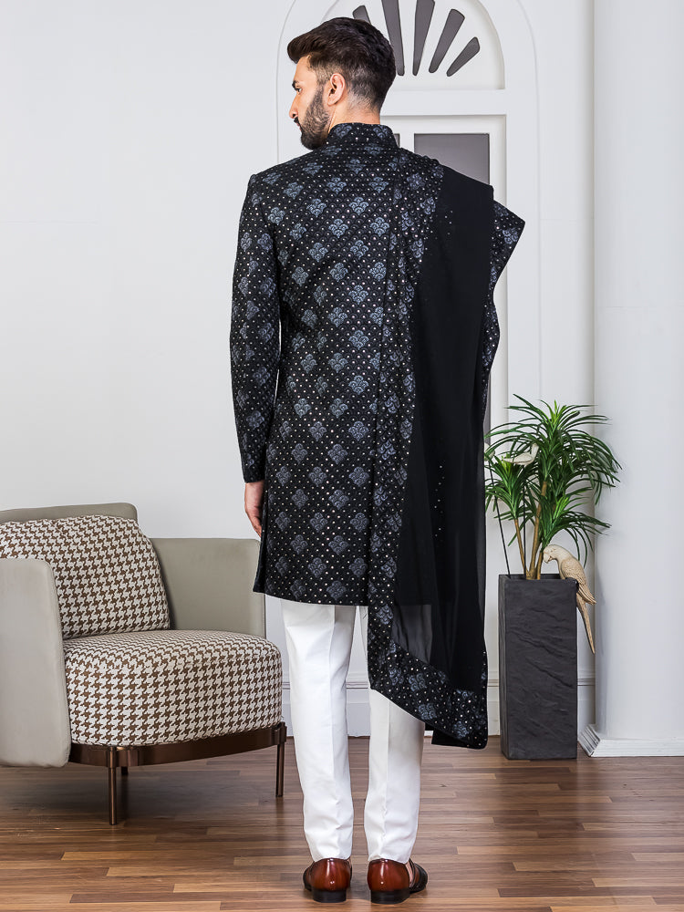 Black Embroidered Sherwani Set with Dupatta