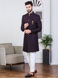 Wine Velvet Embroidered Sherwani Set