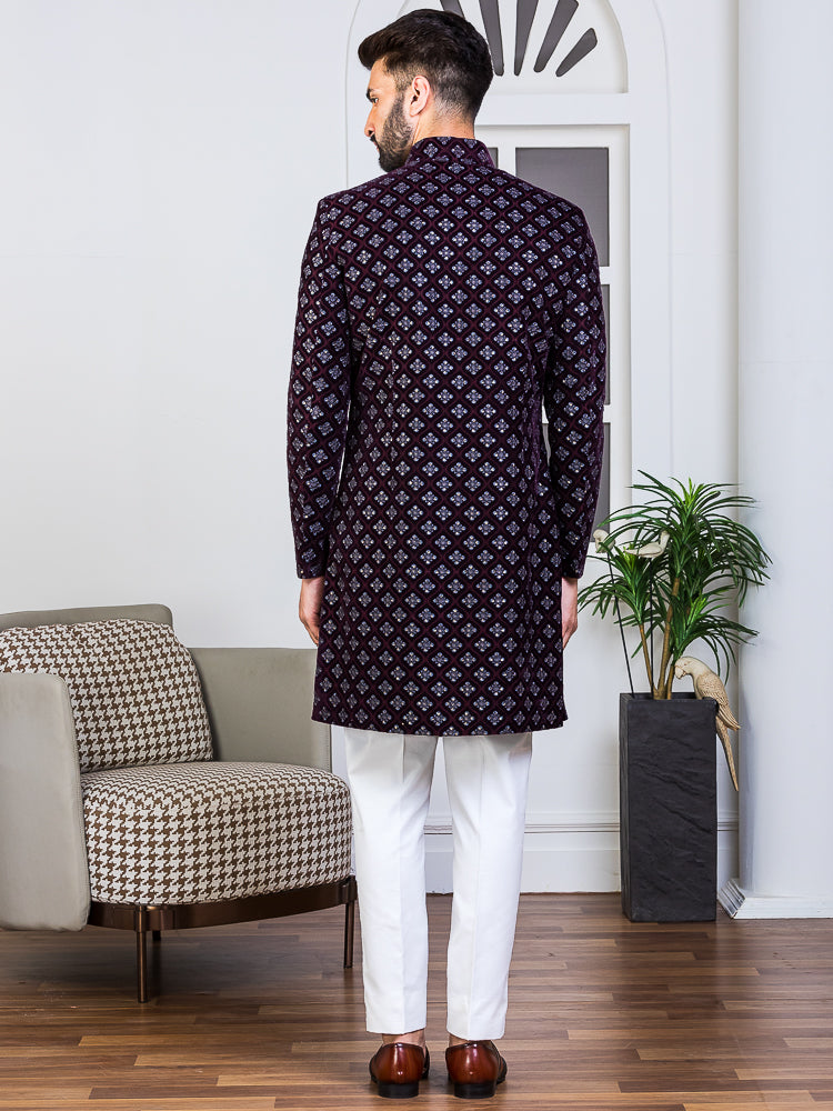 Wine Velvet Embroidered Sherwani Set