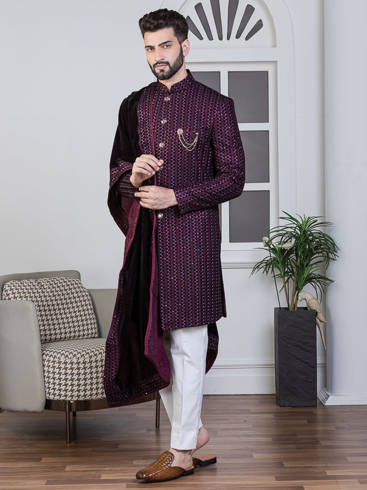 Wine Velvet Embroidered Sherwani Set with Dupatta