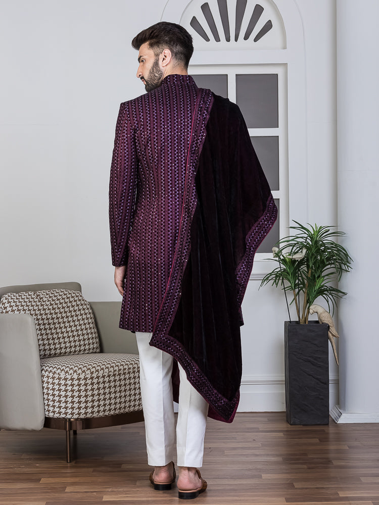 Wine Velvet Embroidered Sherwani Set with Dupatta