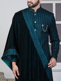 Ferozi Velvet Embroidered Sherwani Set with Dupatta