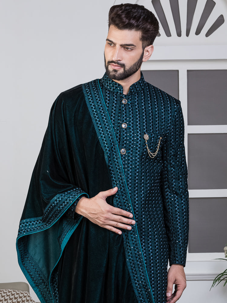 Ferozi Velvet Embroidered Sherwani Set with Dupatta