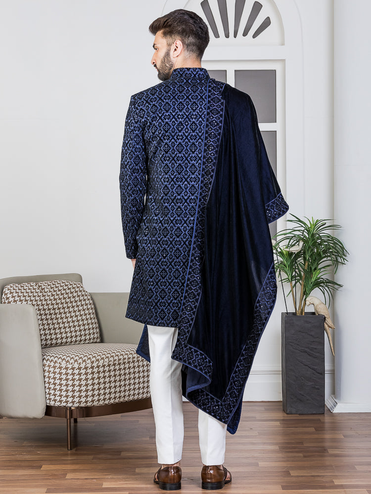 Navy Velvet Embroidered Sherwani Set with Dupatta