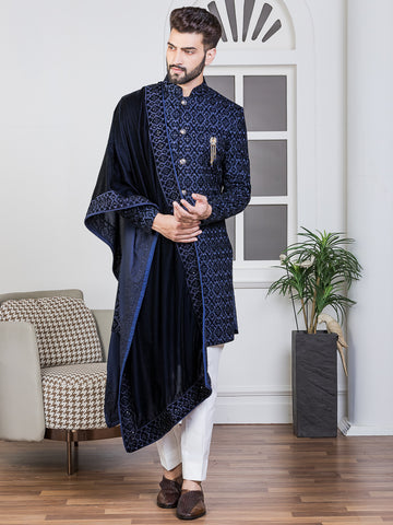 Navy Velvet Embroidered Sherwani Set with Dupatta