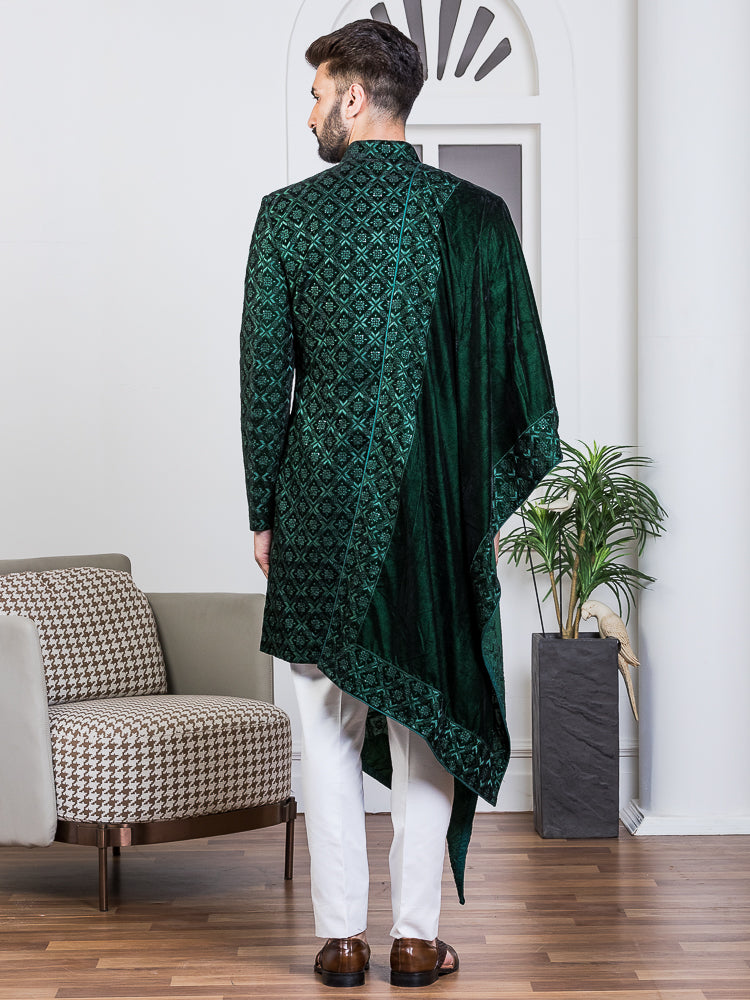 Green Velvet Embroidered Sherwani Set with Dupatta