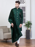 Green Velvet Embroidered Sherwani Set with Dupatta