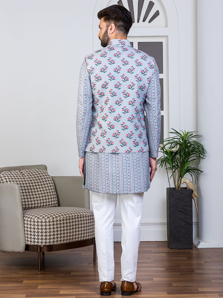 Grey Printed Nehru Jacket Set