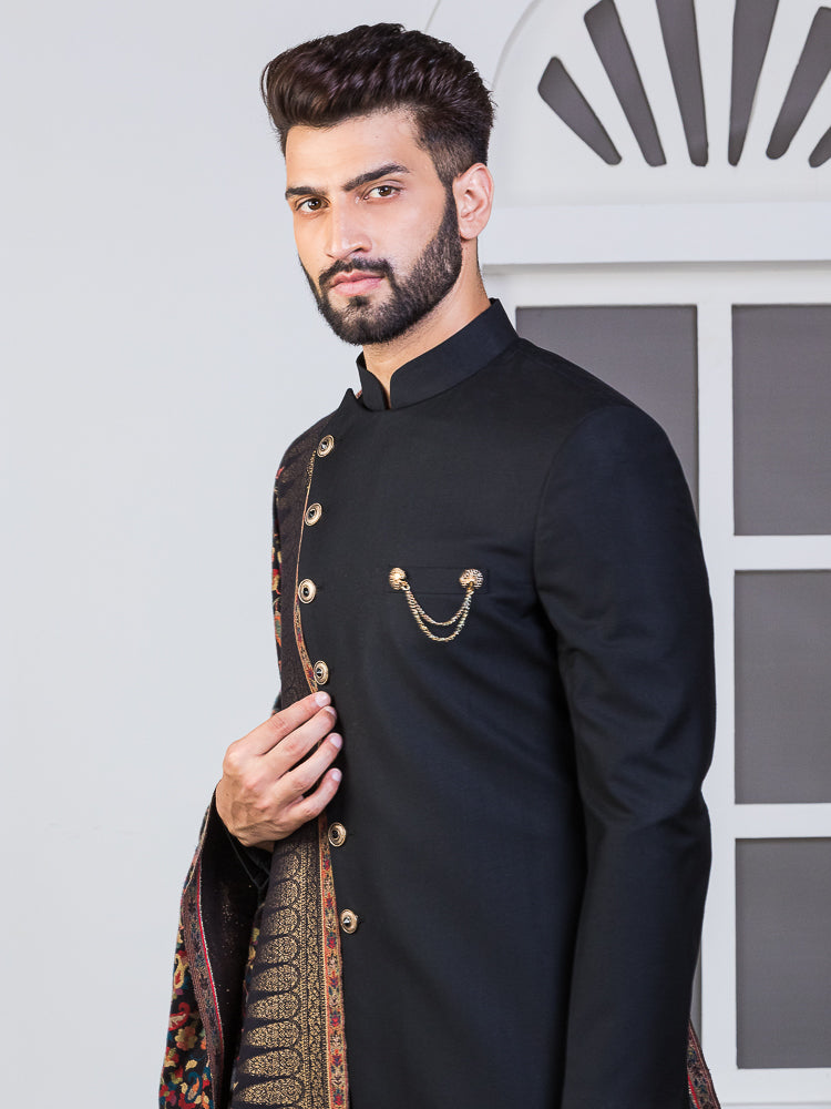 Black Asymmetrical Sherwani Set with Dupatta