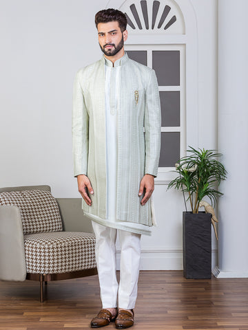 Pista Green Asymmetrical Sherwani Set with Embroidered Long Jacket