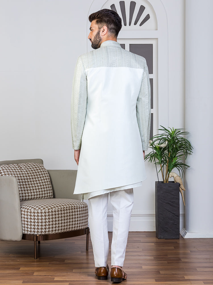 Pista Green Asymmetrical Sherwani Set with Embroidered Long Jacket