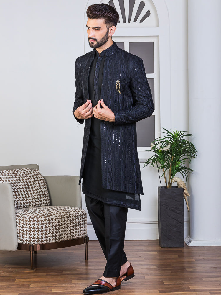 Black Asymmetrical Sherwani Set with Embroidered Long Jacket