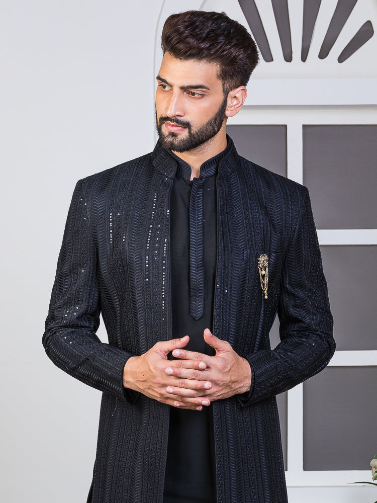 Black Asymmetrical Sherwani Set with Embroidered Long Jacket