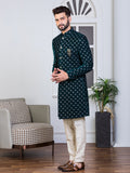 Green Velvet Embroidered Sherwani Set