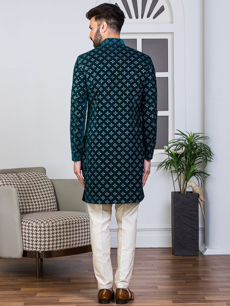 Green Velvet Embroidered Sherwani Set