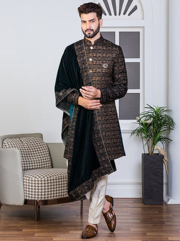 Ferozi Velvet Embroidered Sherwani Set with Dupatta