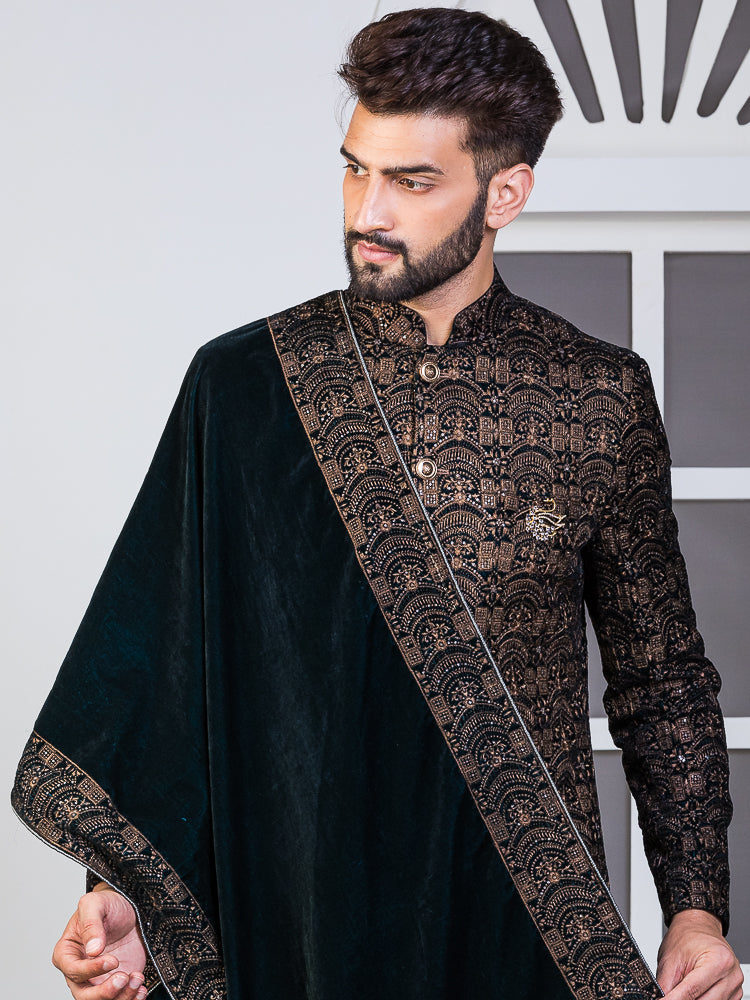 Ferozi Velvet Embroidered Sherwani Set with Dupatta