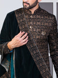 Ferozi Velvet Embroidered Sherwani Set with Dupatta