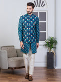 Blue Printed Nehru Jacket Set