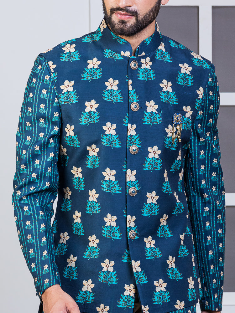 Blue Printed Nehru Jacket Set