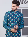 Blue Printed Nehru Jacket Set