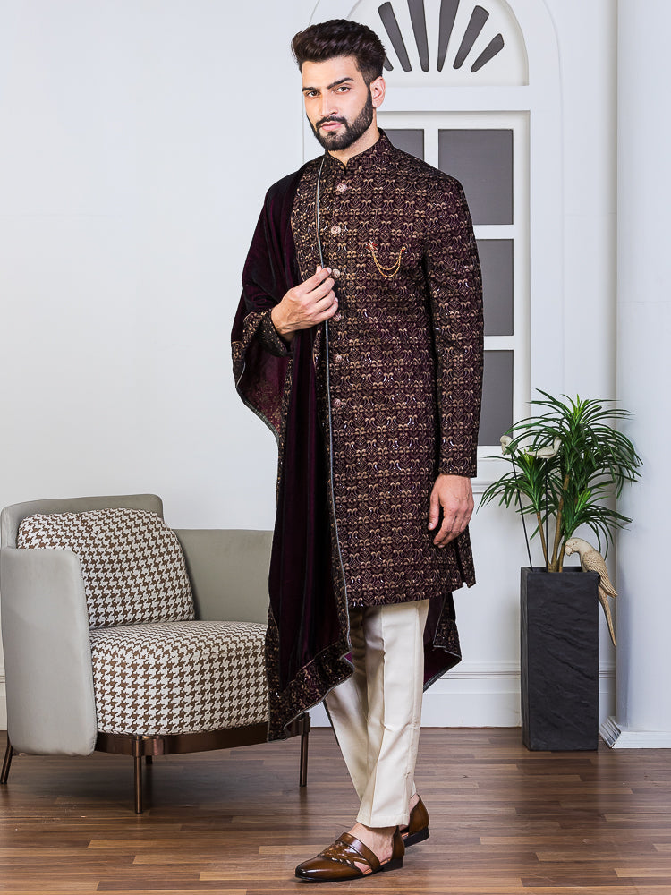 Wine Velvet Embroidered Sherwani Set with Dupatta