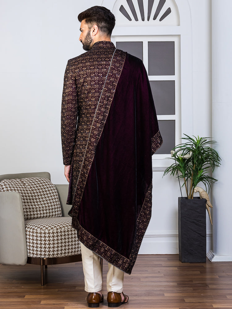 Wine Velvet Embroidered Sherwani Set with Dupatta