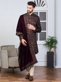 Wine Velvet Embroidered Sherwani Set with Dupatta