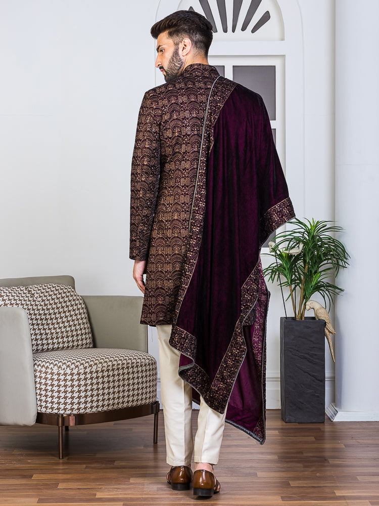 Wine Velvet Embroidered Sherwani Set with Dupatta