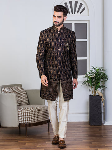 Navy Velvet Embroidered Sherwani Set